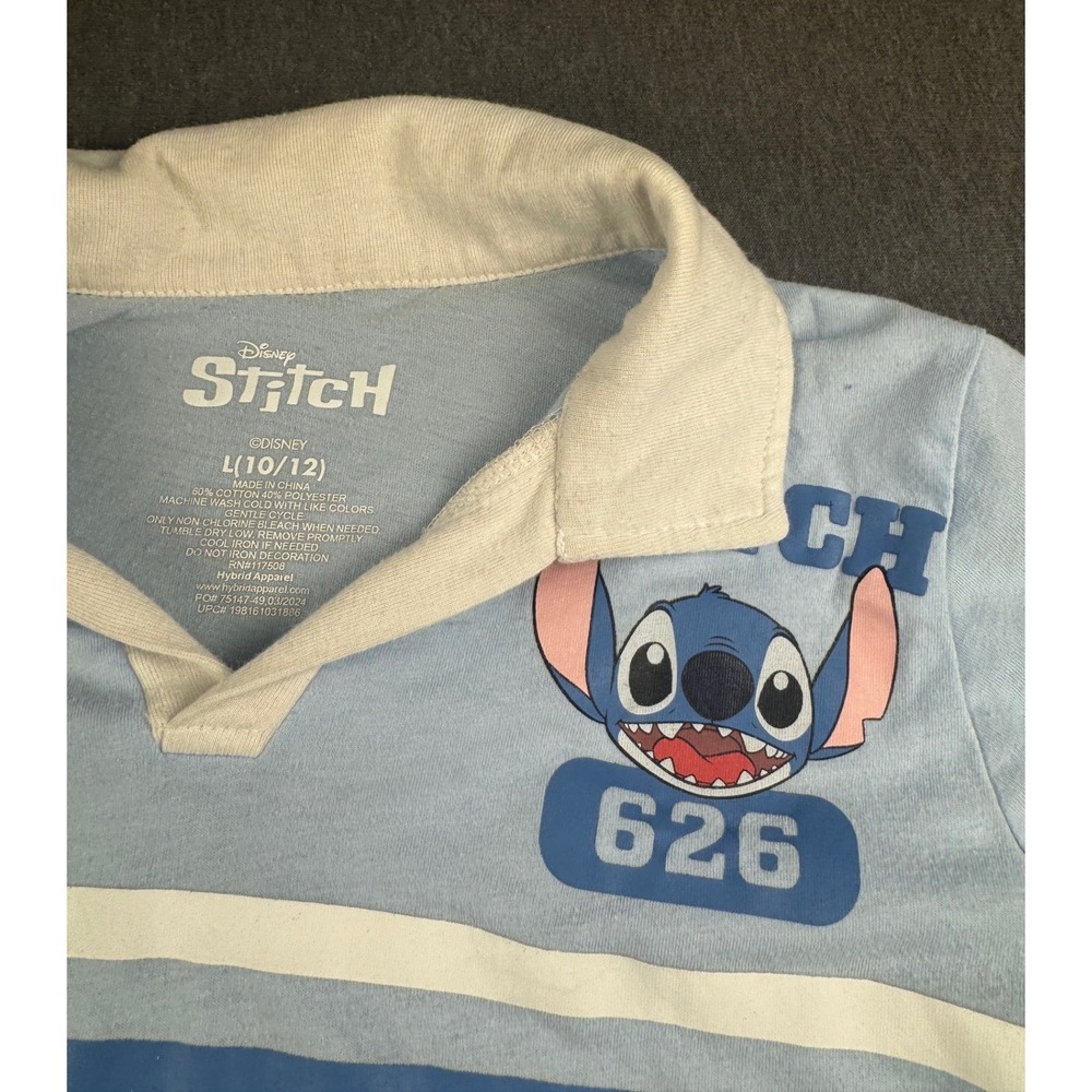 Disney Stitch Kids Polo Shirt Light Blue Short Sleeve Graphic‎ Top L 10/12 626